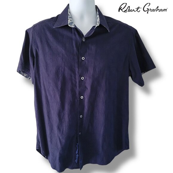 Robert Graham M Navy Blue (Sashiko)Textured Paisley Short Sleeve Button Up Shirt - Picture 1 of 13